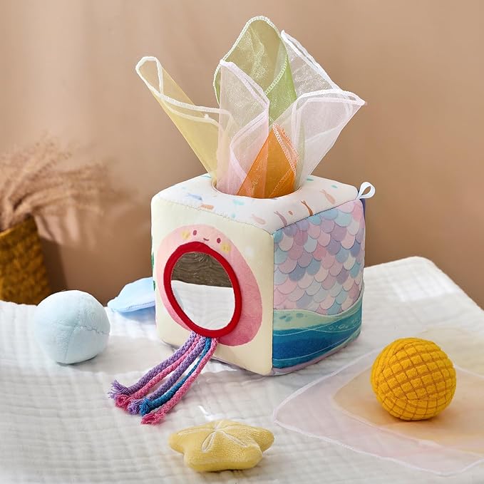 Youuys Baby Tissue Box Toy for Babies 6-12 Months - Montessori Sensory Busy Cube Toys with 3 Textured Balls & 12 Silky Scarves - Ideal Gift for Toddler Girls Ages 6 12 18 Months (Mermaid Theme)