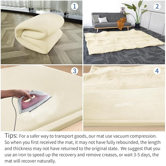 Huloo Sleep Baby Play Mat for Floor, 1.3" Thick Elasti-Foam 50x50 Playpen Mat for Toddlers Infant Kids,Water-Repellent Soft Velvet for Tummy Time, Non-Slip Backing for Crawling, Tatami Style(Vanilla)