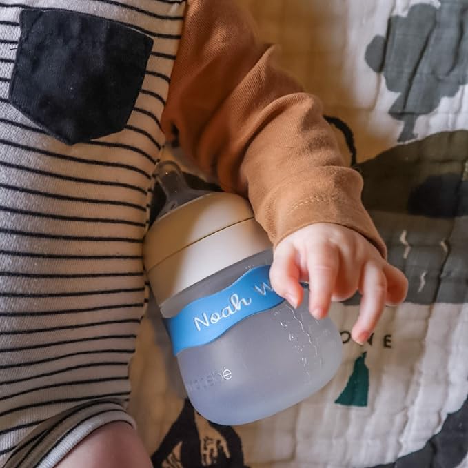 InchBug Orbit Labels Baby Bottle and Water Bottle Silicone Name Bands – Personalized Reusable Label Set for Daycare, Sippy Cups, Preschool, Elementary School, Dishwasher Safe, 4-Pack (Flamingo Pink)