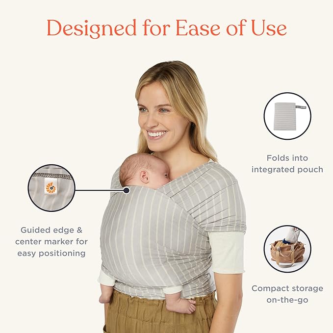 Ergobaby Sustainable Knit Aura Baby Carrier Wrap for Newborn to Toddler (8-25 lbs) - Comfortable, Ergonomic, & Ultra-Soft Newborn Wrap Carrier - One Size Fits Most - Rayon, Grey Stripes