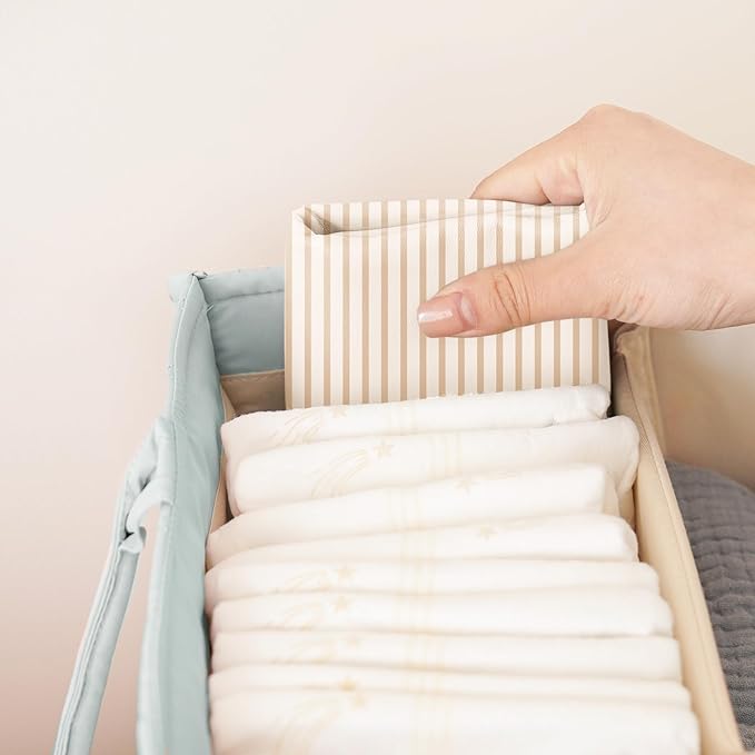 Konssy Faux Leather Baby Changing Mat, Waterproof, Wipeable & Portable Diaper Changing Pad for Travel or Home, Fits Perfectly in Diaper Bag, 30 x 17 inches (Beige,Stripes)