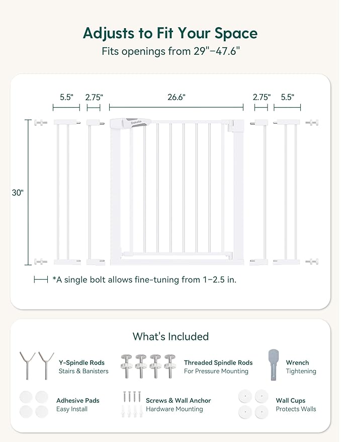 Babelio Baby Gate, 29-48 Inch Auto Close Pet Gate PressGuard P7, Easy Install Pressure-Mounted Safety Gate, Extra Wide Pet Gate for Stairs and Doorways, 2 Pack White