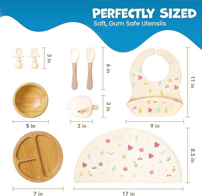 Bamboo & Silicone Baby Feeding Set 8 PCS | Baby Led Weaning Supplies Self Feeding | Divided Suction Plate Bowl Bib Sippy Cup with Straw Utensils Baby Bowls and Spoons Toddler Feeding Set (Vanilla)
