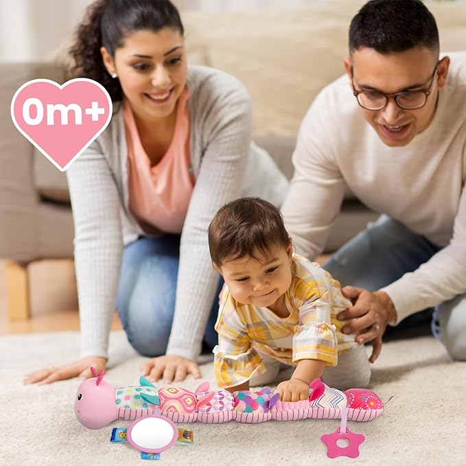 Sumobaby Infant Baby Musical Stuffed Animal Activity Soft Toys with Multi-Sensory Crinkle, Rattle and Textures, for Tummy Time 0-3-6-12 Months Girls, Caterpillar, Pink with Mirrow