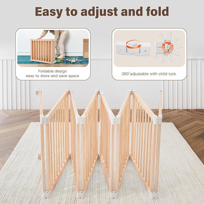 Foldable Wooden Playpen-61"x61"x25"-Large Baby Gate Playpen with Child-Proof Lock-Easy Assembly, Portable Design for Babies & Toddlers- Shape& Size Adjustable Baby Fence Play Area(Wood, 8 Panel)