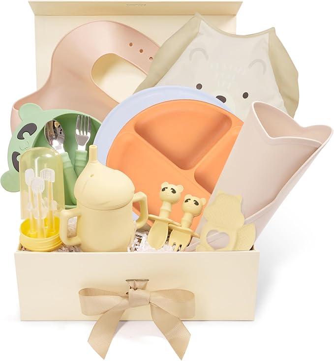 Deluxe Baby Feeding & Mealtime Gift Set β Silicone Feeding Mat, Bibs, Training Cup, Spoon & Fork, Stainless Steel Set, Teethers, Long Sleeve Bib, Toothbrush Kit β in Gift Box