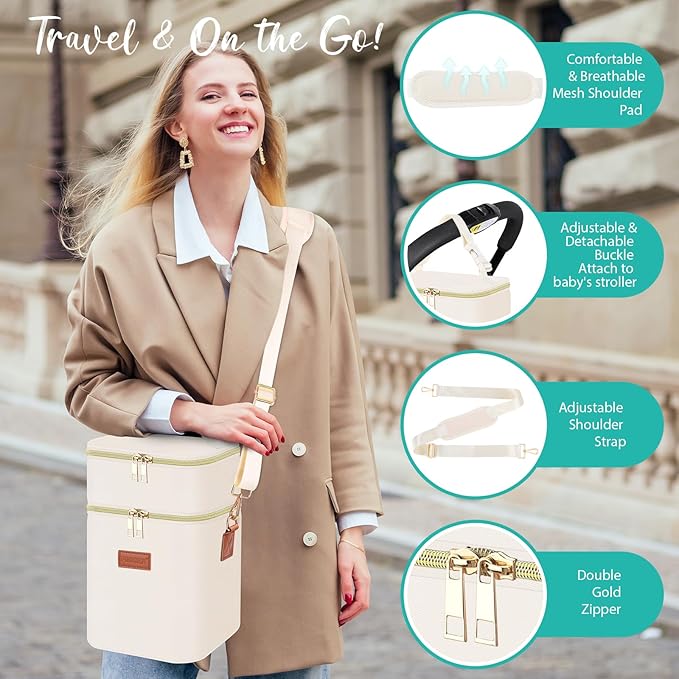 PIIOSER Baby Bottle Tote Bag with Ice Pack, Fits 4 Baby Bottles Up to 9 Ounce, Small Insulated Breastmilk Cooler Travel Bag with Shoulder Strap for Nursing & Working Mom Daycare (Cream-S)