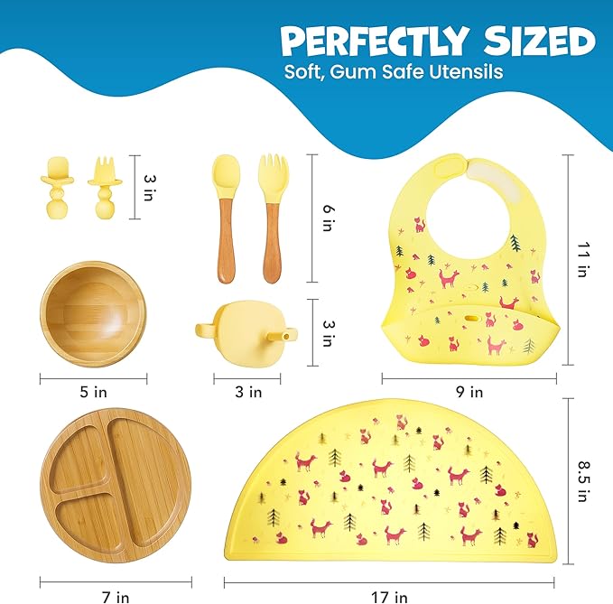 Bamboo & Silicone Baby Feeding Set 8 PCS | Baby Led Weaning Supplies Self Feeding | Divided Suction Plate Bowl Bib Sippy Cup with Straw Utensils Baby Bowls and Spoons Toddler Feeding Set (Yellow)
