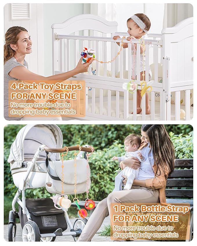 Toy Straps for Baby, 5pcs Adjustable Toy Holder for Stroller Accessories, Silicone Tether Pacifier Clip, No Throw Travel Essential Leash for High Chair, Car Seat (5 Pack Macaron)