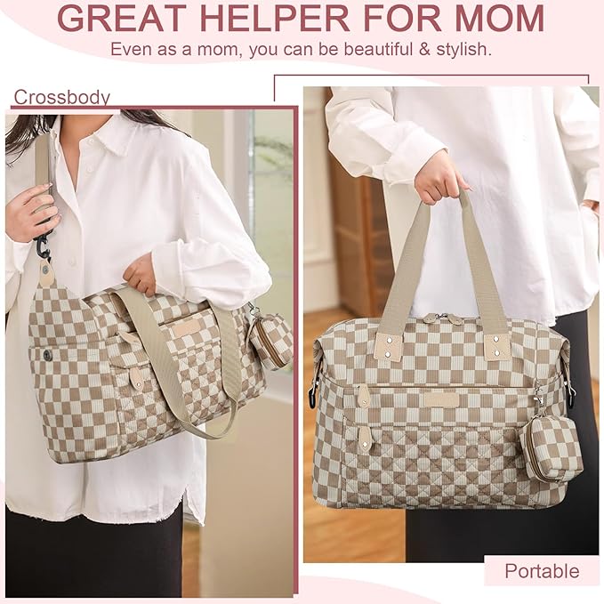 Diaper Bag Tote - Diaper Baby Bags with Pacifier Case, Shoulder Straps, Stroller Clips, Waterproof Large Mommy Maternity Travel Baby Bag for Mom and Dad, plaid