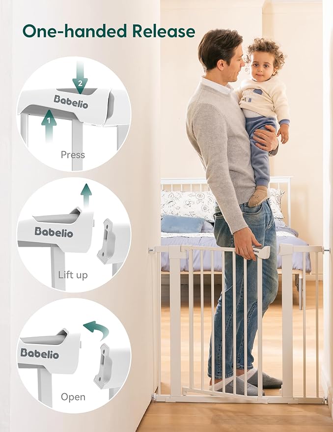 BABELIO Safety Gate Door Fits for Stairs, Narrow and Wide Doorways with Auto Close, Easy Install, No Drilling, Pressure Mounted for Baby, Child, Pets, Dog/Puppy, 26''-40'', White
