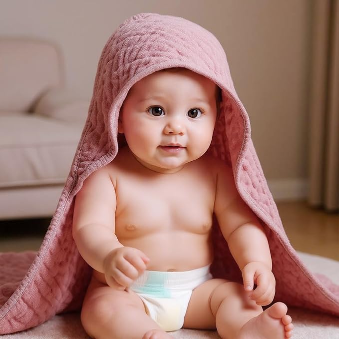 VitalCozy 6 Pcs Baby Muslin Hooded Bath Towels and Washcloths Muslin Cotton Hooded Baby Towels Absorbent Blankets for Gift Newborn Infant Shower (32 x 32 Inch,Dark Pink,Light Brown)