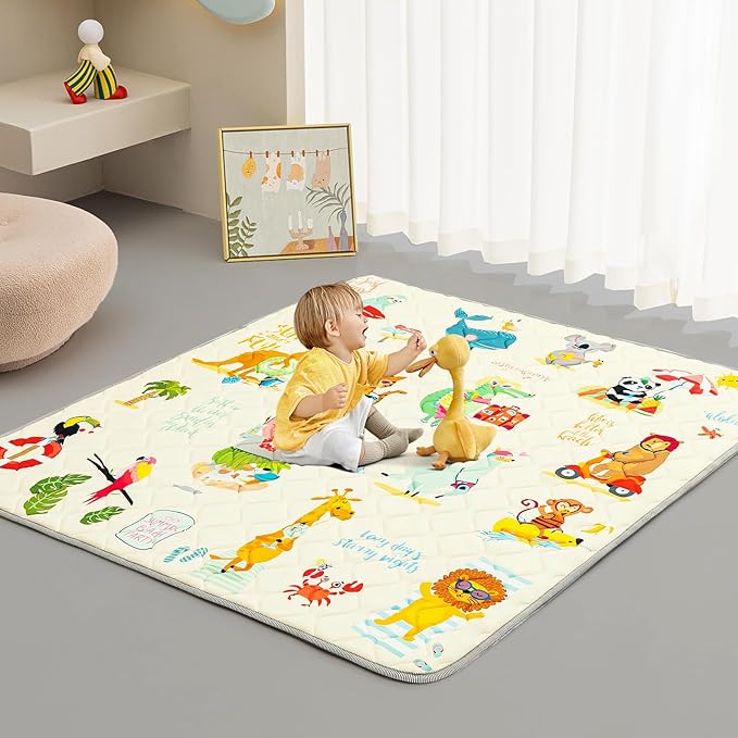 TreeBud Baby Play Mat - Thicken 50x50 Inch Soft Foam Crawling Mat for Playpen & Floor, Non-Slip Waterproof Playmats for Infants & Toddlers, Portable Foldable & Machine Washable, Beach Animals