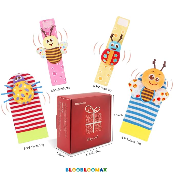 Bloobloomax Wrist Rattle Socks and Foot Finder Set, Infant Girl Boy Toys for Babies 0-36 Months, Newborn Hand & Foot Toys for 0 to 3 Years, Baby Shower Gifts Set (Red Gift Box)