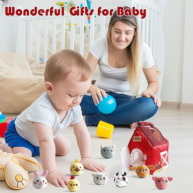 Baby Montessori Toys 6-12 Months, Busy Sensory Toys for Toddlers 1-3, Plush Big Red Barn with Stuffed Farm Animals, Rattle, Crinkle,Christmas Easter Birthday Gifts for Baby Boys Girls