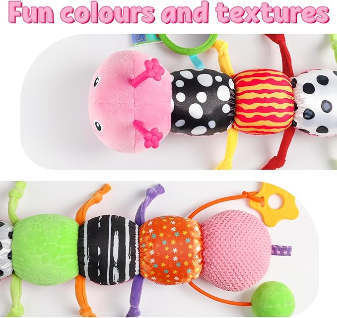 LIGHTDESIRE Baby Toys Musical Caterpillar,Infant Toys Stuffed Animals with Mirror,Ruler Design,Pull String&Rattles,Sensory Toy for Tummy Time Boy Girl Newborn Gifts 3 6 12 Months(Rose Pink,Knot Limb)