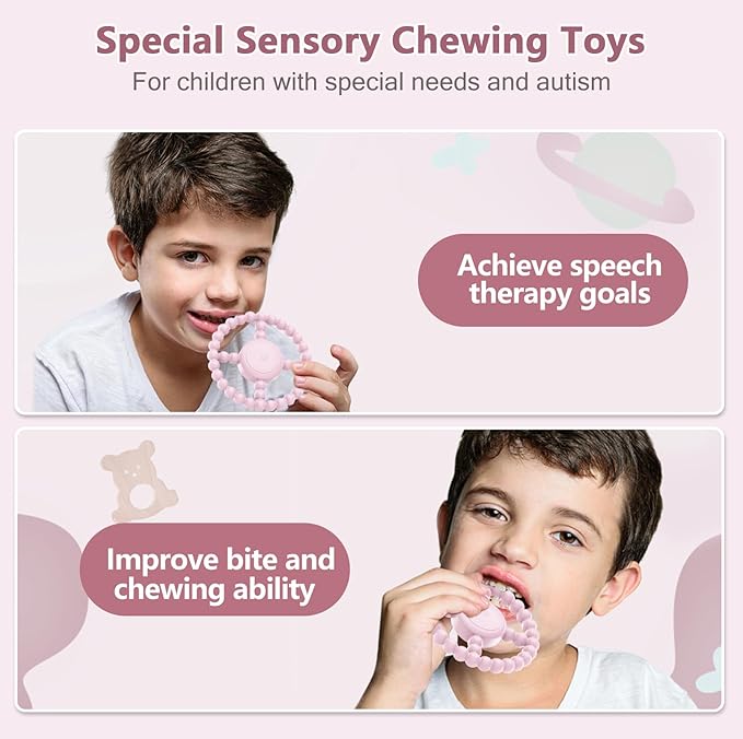 Vibrating Sensory Teething Toys, Soothing Chew Ring for Babies 6-18 Months, Autism Support & Oral Development, USB Rechargeable Teether for Toddlers, 1-2 Year Old Boys Girls Gifts idea (Pink)