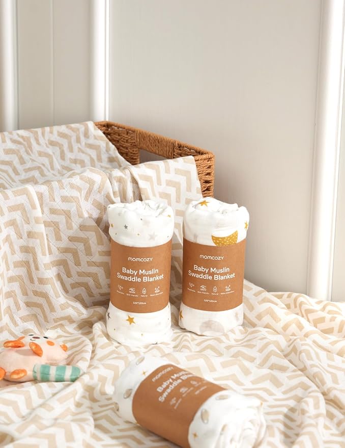 Momcozy Muslin Swaddle Blankets, Ultra Soft Neutral Baby Essentials Must Haves Registry Search, Breathable Large 47'' x 47'' Newborn Boys Girls Swaddle Receiving Blanket, Stellar Orbit