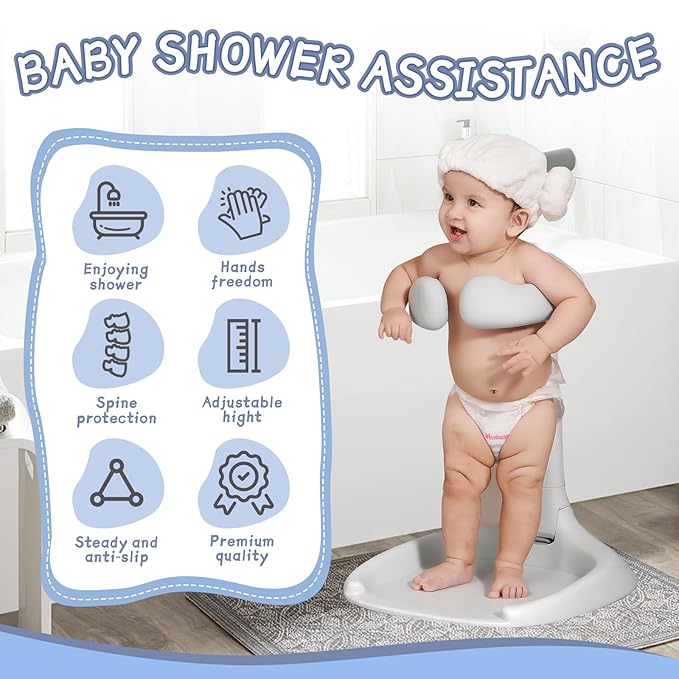 Foldable Baby Shower Stand, Toddler Bath Standing Support with Anti-Slip Base and Shower Holder, Adjustable 5 Levels Height, Ideal Gift for Infants 6-36 Months-Grey