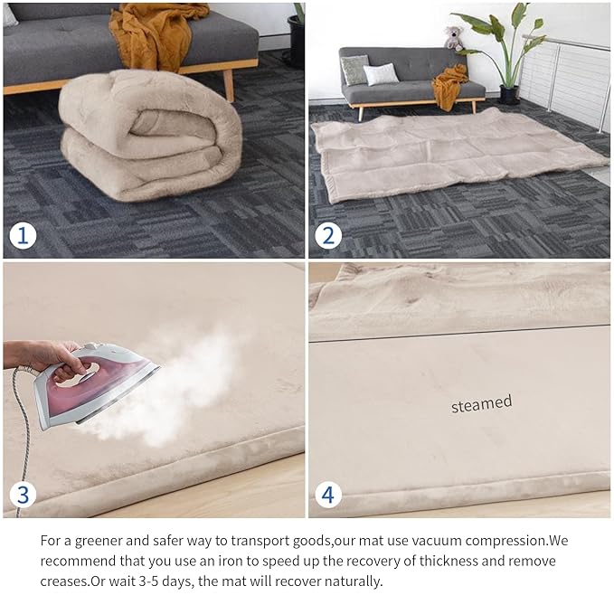 Baby Play Mat for Floor,1.3" Thick Elasti Foam Tummy Time Mat,79"×158“ Extra Large Soft Coral Velvet Nursery Rug,Non Slip Safe for Crawling,Toddlers,Infants,kids,Tatami Style for Living Room,Classroom,Playroom(Beige)