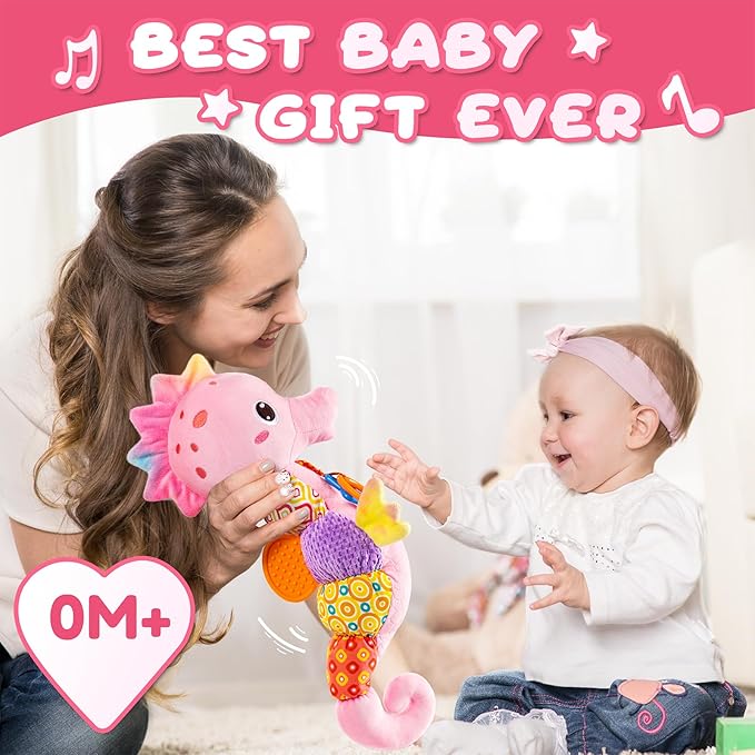AWOTOY Baby Toys 0 to 12 Months, Musical Stuffed Animal Activity Soft Toys with Multi-Sensory Crinkle, Rattle and Textures,Infant Tummy Time Toys for Newborn Girls, Seahorse, Pink