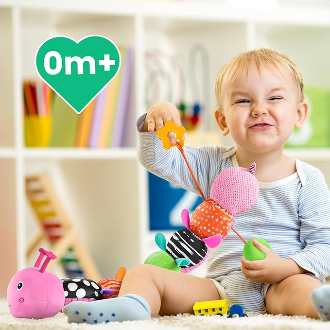 Sumobaby Baby Toys 0-6 6-12 Months,Music Caterpillar Plush Toy with Baby Mirror, Pull String&Crinkle Rattle,Infant Sensory Toys,Tummy Time for 0-3-6-12 Month Boys Girls Newborn Gifts (Pink-Leaf)