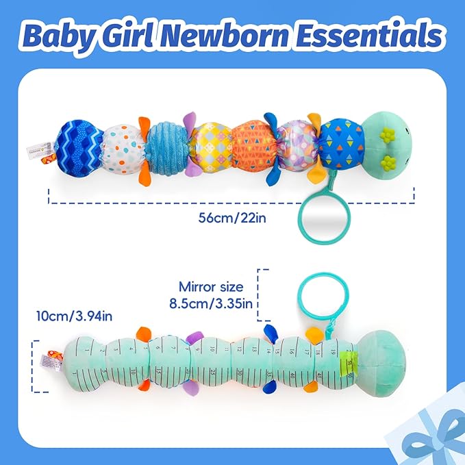 Baby Toys 0-6 Month, Musical Caterpillar Baby Rattle, Plush Sensory Toy with Mirror, Crinkle Textures, Newborn Developmental Tummy Time Stuffed Animal for Infants Boys Girls 6-12 Months (Blue)