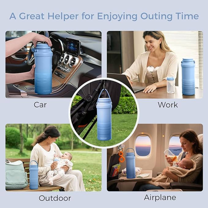 Momcozy 22oz Portable Breast Milk Cooler for Outdoor, Life Saver with 360ยฐ Total Cooling for 24 Hours, Larger Capacity Travel Breastmilk Chiller with 2pcs Baby Bottles for Breastmilk Storage, Blue