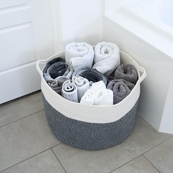 Little Hippo XXL Cotton Rope Basket, 100% Natural! Large Baby Gift Basket, White & Dark Gray