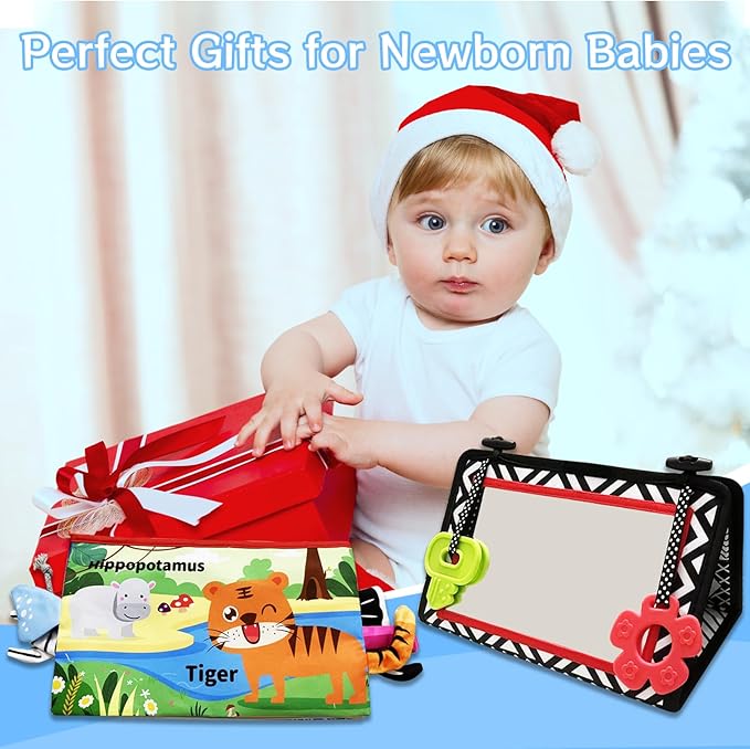 Tummy Time Mirror Newborn Toys: Black and White Infant Tummy Time Toys 0-3 0-6 6-12 Months Babies High Contrast Baby Toy with Book & Teethers Montessori Sensory Toy for Boy Girl Baby