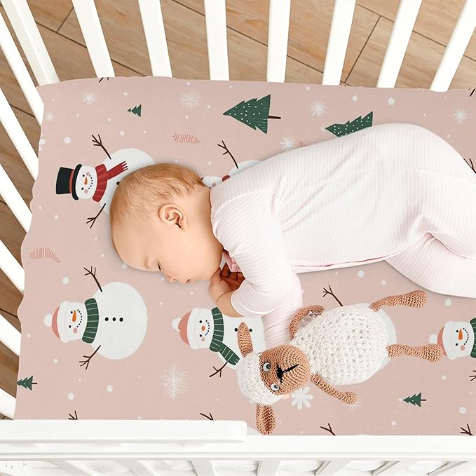Pfrewn Christmas Crib Sheets for Boys Girls Cute Snowmen Pink Christmas Trees Fitted Crib Sheet for Mini Crib Mattress Stretch Soft Winter Pattern Toddler Baby Playard Sheet,39x27IN