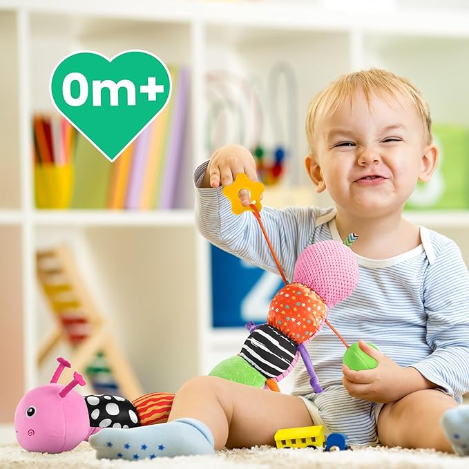 Sumobaby Baby Toys 0-6 6-12 Months,Music Caterpillar Plush Toy with Baby Mirror, Pull String&Crinkle Rattle,Infant Sensory Toys,Tummy Time for 0-3-6-12 Month Boys Girls Newborn Gifts (Pink-Branch)