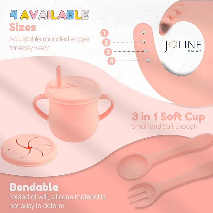 Joline Designs Silicone Baby Feeding Set - Perfect silicone plates for baby & Toddler Plates with lid, Baby Bowls with Suction, Baby Utensils - Baby Led Weaning Supplies & Eating Essentials - (Peach)