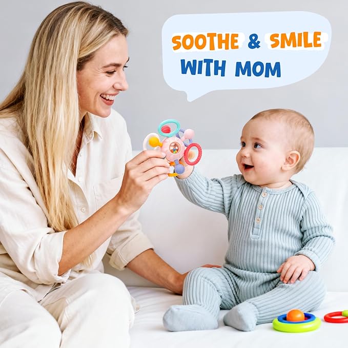 Baby Teething Toys for 0-6 6-12 Months, BPA Free Food Grade Silicone Teether, Infant Sensory Chew Rattles Toys, Gifts for Infant Newborn Boys Girls 0 3 6 9 12 18 Months, Light Pink