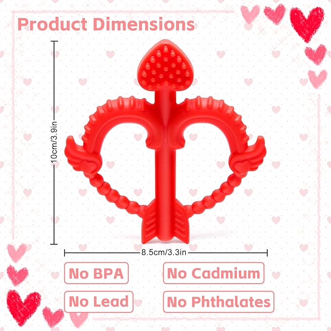 Valentines Heart Baby Teething Toys for Babies 0-36 Months, Easy for Little Hands to Hold,Cupid Bow and Arrow Soft Teether Toy, Surface texture for Teething Relief, Perfect Valentine's Gift for Babies