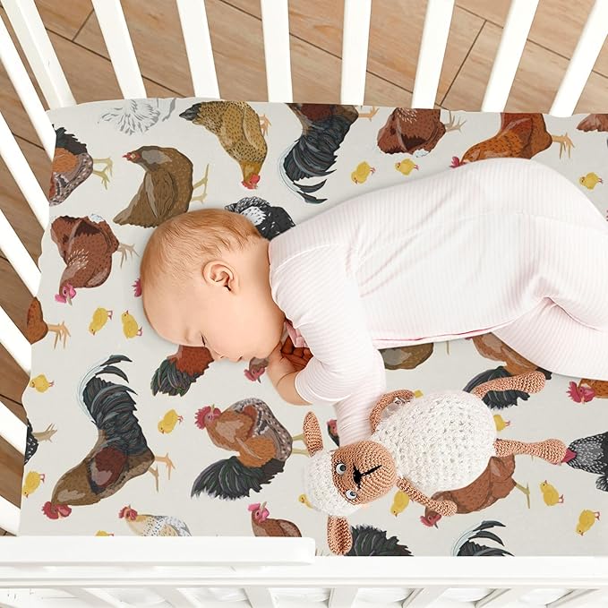 Pfrewn Crib Sheets for Boys Girls Hens Roosters Chickens Set Fitted Crib Sheet for Mini Crib Mattress Stretch Soft Toddler Baby Playard Sheet, 39x27x5IN