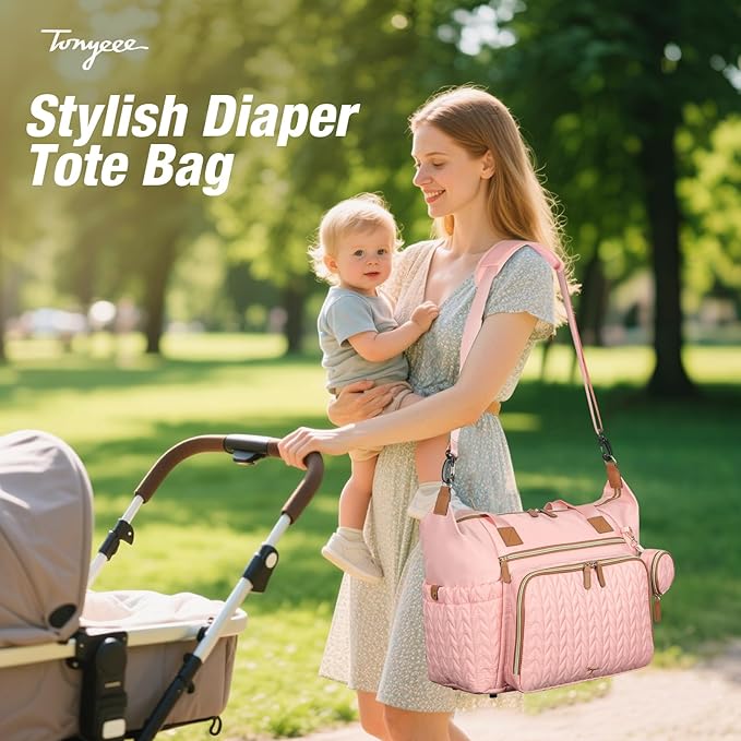 Diaper Bag Tote, Large Diaper Bags Waterproof, Hospital Bag for Labor Delivery, Baby Bag with Pacifier Case, Travel Diaper Tote with Changing Pad, Pink