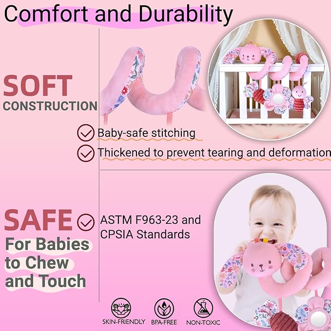 Spiral Car Seat Toy for Babies 0-6-12 Months Girl, Stroller Hanging Baby Toys 0-3-4-5-7 Month Old Newborn Infant Valentines Day Gift Travel Carseat Mirror Crinkle Bunny Easter Basket Stuffers