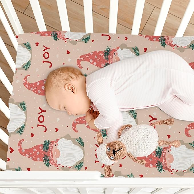 Pfrewn Christmas Crib Sheets for Boys Girls Gnome Cute Elf Heart Joy Fitted Crib Sheet for Mini Crib Mattress Stretch Soft Winter Pattern Toddler Baby Playard Sheet,39x27IN