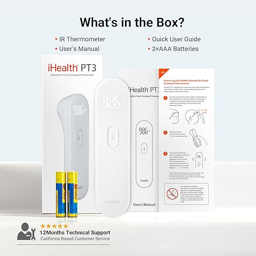 iHealth No-Touch Forehead Thermometer for Adults, Kids, Babies - 1s Fast Accurate, 3 Ultra-Sensitive Sensors, Quiet Vibration Feedback, Digital Large LED Digits, Easy to Use for Home & Nurses, PT3