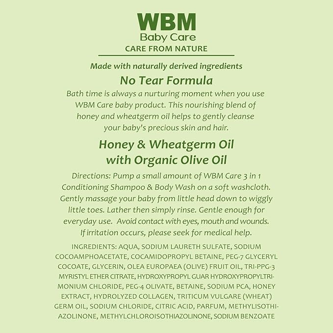 WBM Care 3-in-1 Baby Shampoo, Body Wash & Conditioner (10 oz, Pack of 2) offers a gentle, nourishing formula for baby’s hair and skin, Tear-free and hypoallergenic