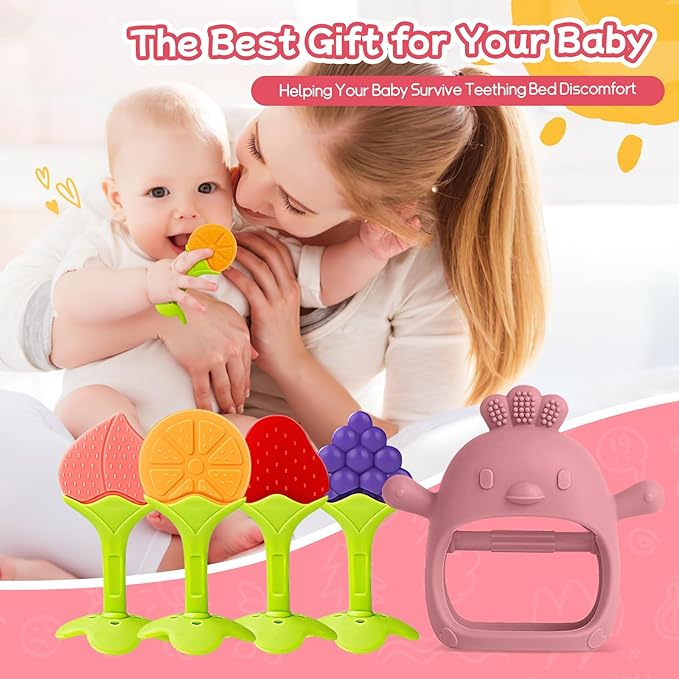 Baby Teething Toys (5 Pack) - Tinabless Infant Teething Keys&Silicone Teething Mitten Set for Babies Over 3 Months, Anti Dropping Baby Chew Toys for Sucking Needs, BPA Free(Coral Red)