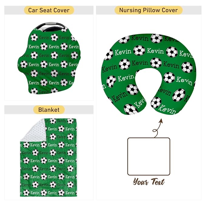 Rucekia Baby Nursing Pillow Cover - Personalized Name Green Soccer Theme Breastfeeding U-Shaped for Bottle Feeding, Ultra Soft Comfortable Breastfeeding Pillow Cover for Infant Baby Boys and Girls