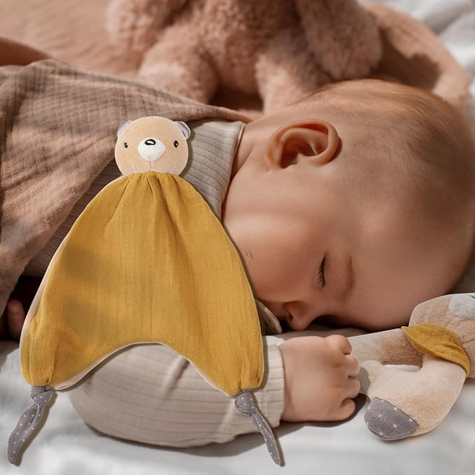 CUDDLE CORNER Organic Cotton Stuffed Animal Rattle Baby Toys, Plush Bear Cuddle Cloth and Hand Grip Ring Rattles Plush Toy Set for Newborns Infant Boys Girls, 2 PCS