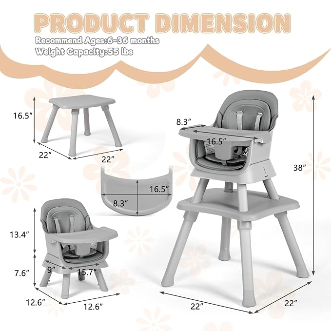 Kinder King Baby High Chair, 8 in 1 Coverts to Dining Booster Seat/Kids Table & Chair Set/Toddler Building Block Table/Kids Stool, Removable Tray & Double Seat Cover, Easy to Wipe, Grey