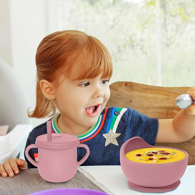 Dormlony 100% Silicone Baby Feeding Set,BPA Free Baby Dishes Set with Suction Bowl Divided Plate,Toddler Self Feeding Dish Set with Spoons Forks Sippy Cup and Bib, Baby Eating Utensils (Coral)