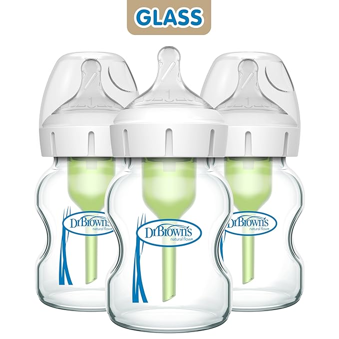 Dr. Brown's Natural Flow Anti-Colic Options+ Wide-Neck Glass Baby Bottles 5 oz/150 mL, with Level 1 Slow Flow Nipple, 3 Pack, 0m+