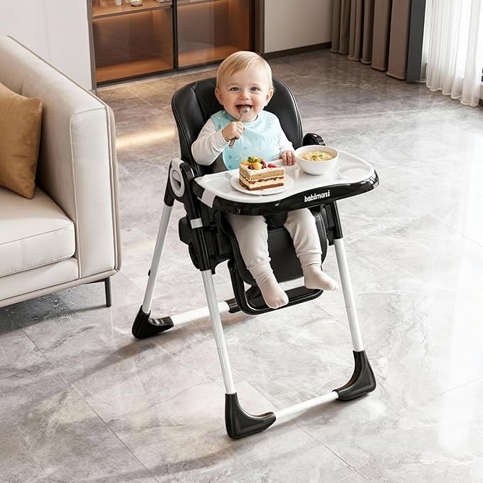 4 in 1 Baby High Chair, High Chairs for Babies and Toddlers, Foldable Highchair with 4 Wheels, 4 Levels of Recline and 7 Levels of Height Adjustment (Black)