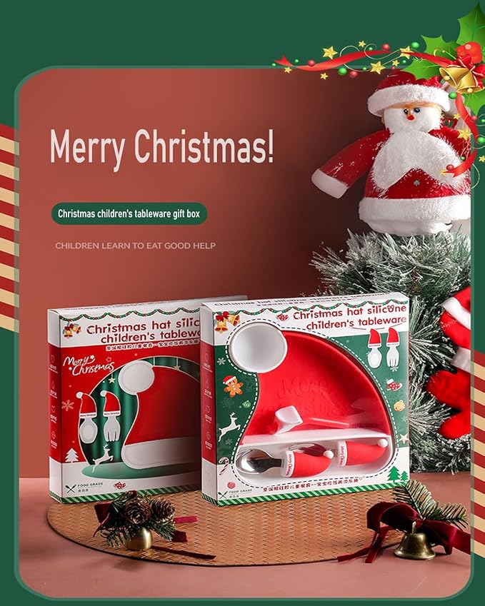 Ecrekhom Silicone Baby Feeding Set 5 Pcs, Weaning Supplies, Christmas Hat Baby Plates Baby Spoon & Fork, Baby Utensils Feeding Essentials