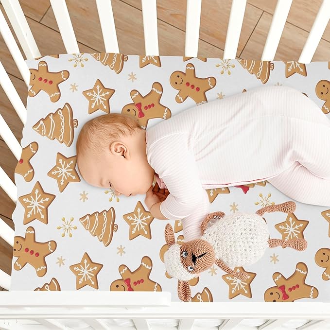 Pfrewn Christmas Crib Sheets for Boys Girls Cartoon Gingerbread Men Snowflakes Fitted Crib Sheet for Mini Crib Mattress Stretch Soft Winter Pattern Toddler Baby Playard Sheet,39x27IN